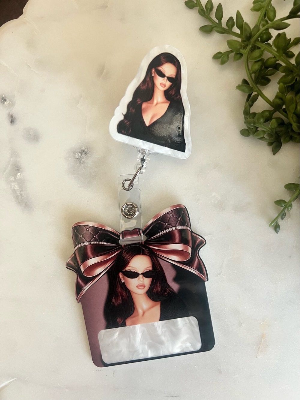 Retro Glam Girl Plaid Bow Badge Reel & ID Buddy